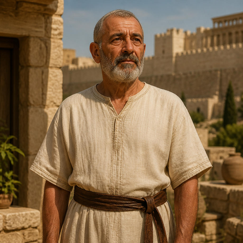 Oil-painting style portrait of Mattaniah, Grandfather of Hanan, Grandfather of Hanan, who was appointed by Nehemiah as a trustworthy assistant over the Temple storehouses