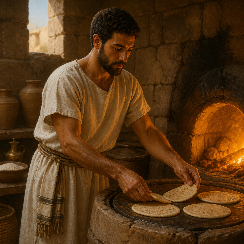 Oil-painting style portrait of Mattithiah, Firstborn Son of Shallum, Levite baker entrusted with preparing the sacred flat cakes for the temple after the return from exile