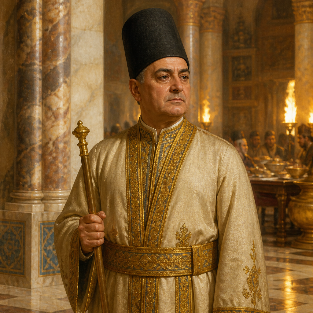 Oil-painting style portrait of Mehuman, Eunuch of King Ahasuerus who was commanded to bring Queen Vashti to the royal banquet