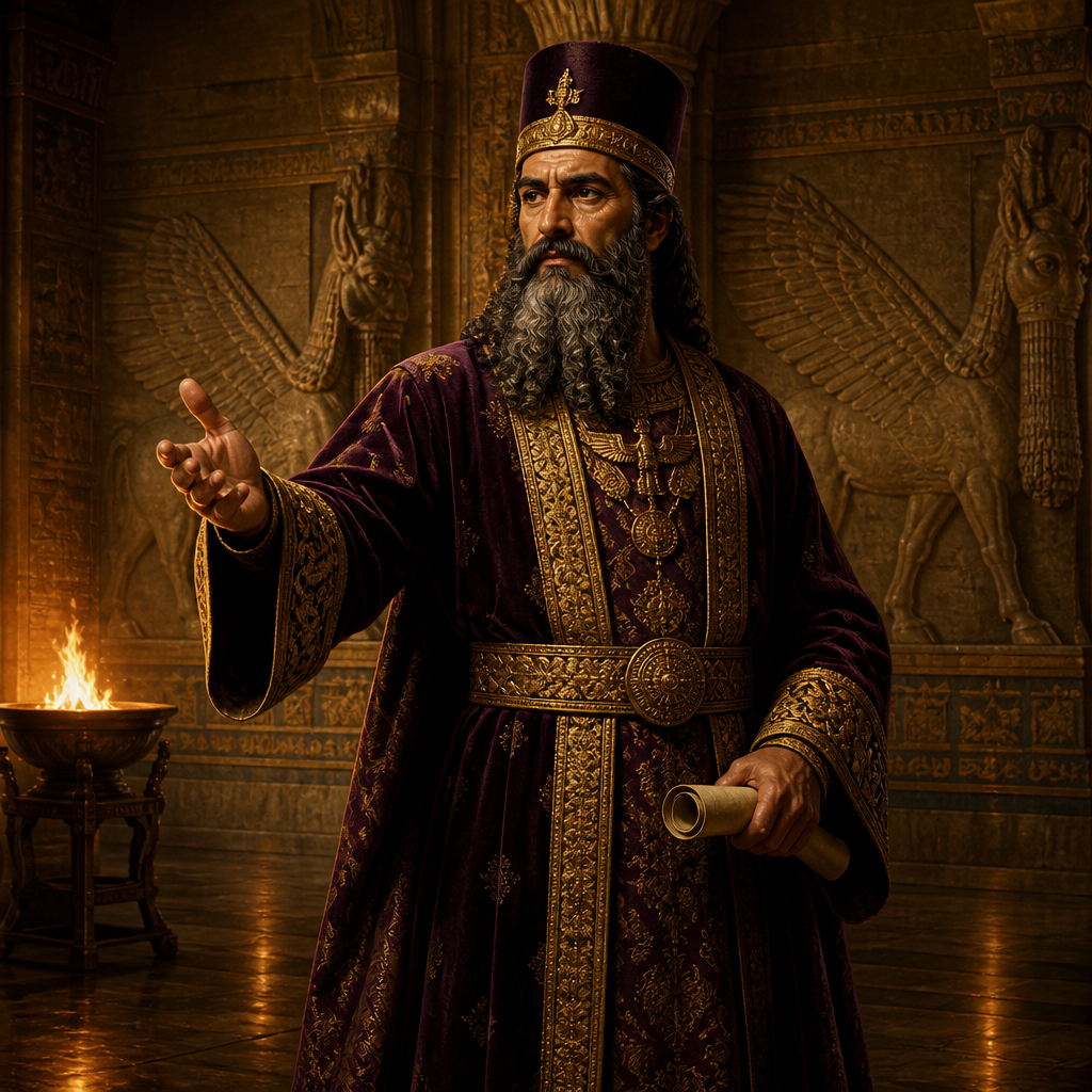 Oil-painting style portrait of Memucan, Prince of Persia whose counsel led to the deposition of Queen Vashti
