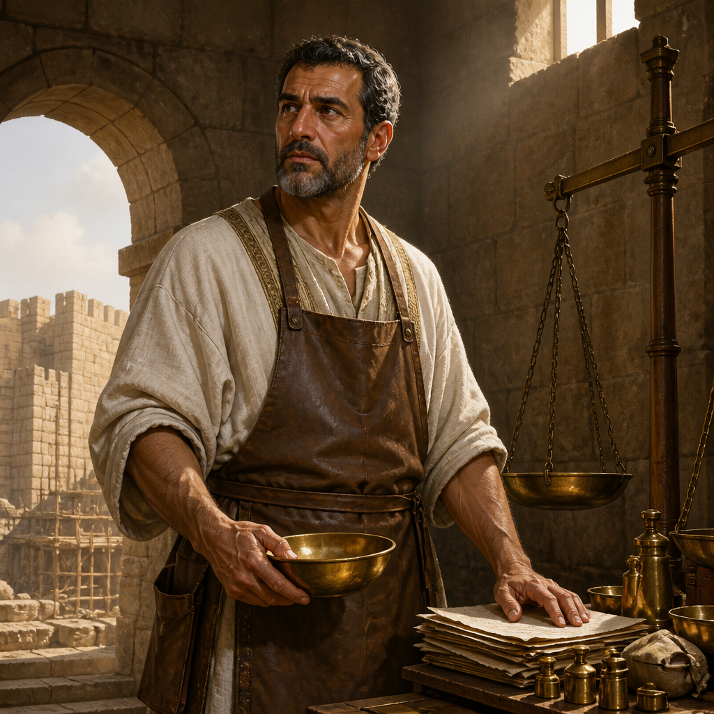 Oil-painting style portrait of Meremoth, Priest of the Return, Priest who weighed the Temple gold and repaired two sections of Jerusalem's wall