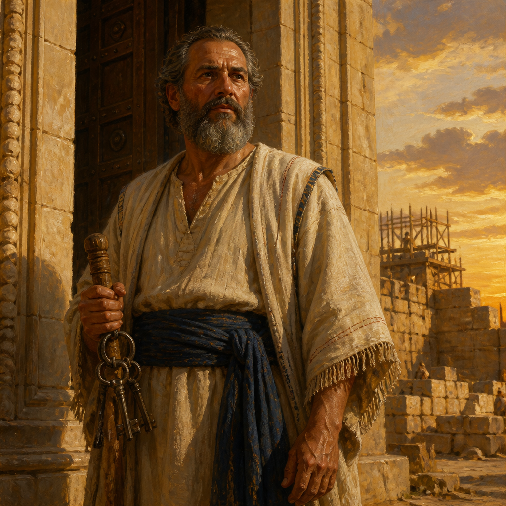 Oil-painting style portrait of Meshelemiah, Levite gatekeeper of the East Gate whose family served in the post-exilic sanctuary