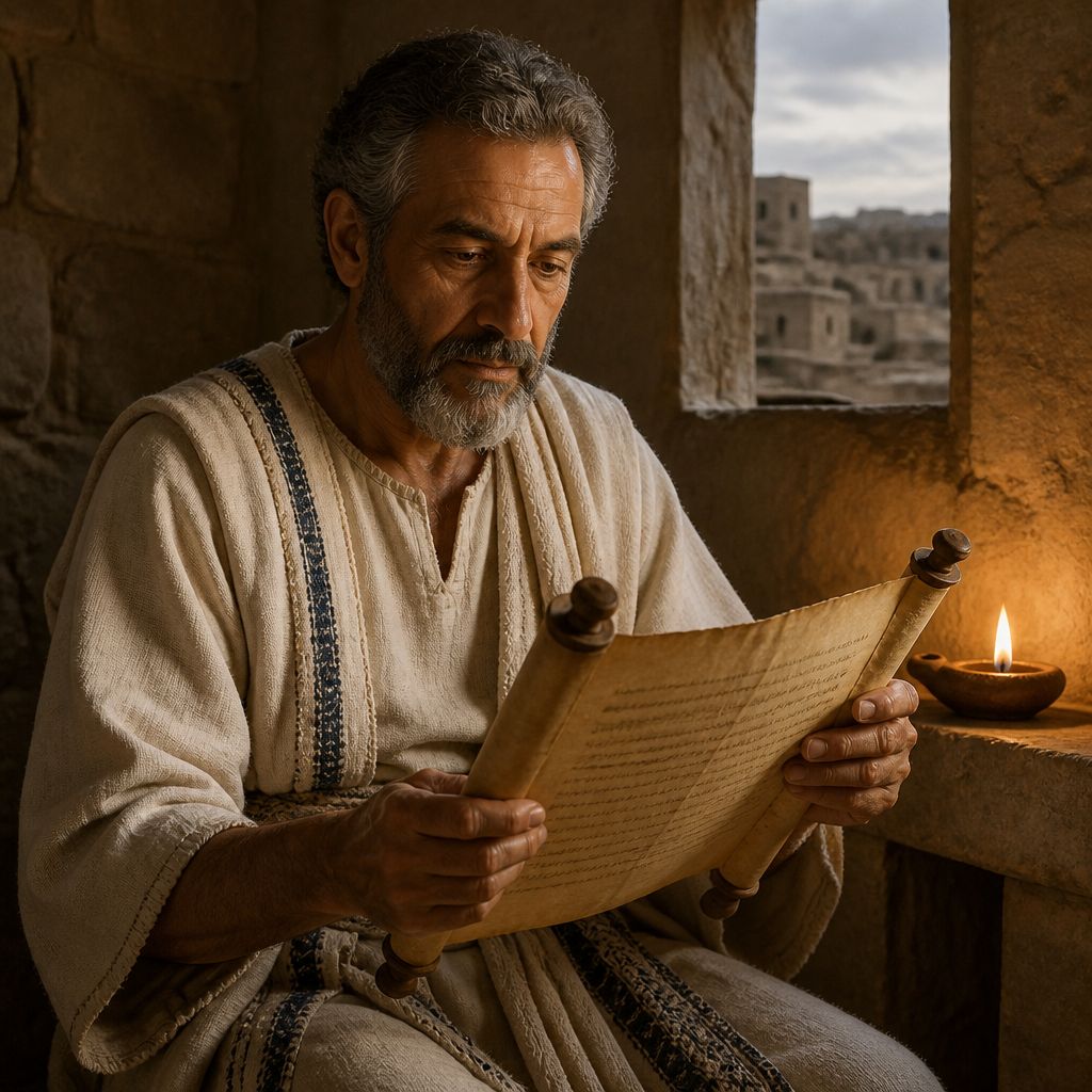 Oil-painting style portrait of Meshullam, Levite of the Return, Levite priest of the line of Immer who preserved his lineage through the Babylonian Exile