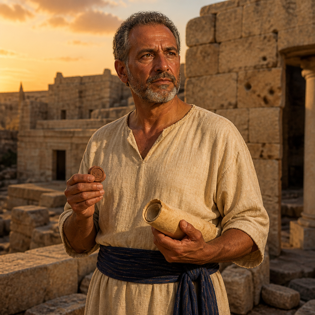 Oil-painting style portrait of Meshullam, Son of Hodaviah, Benjamite ancestor whose descendants resettled Jerusalem after the Babylonian exile