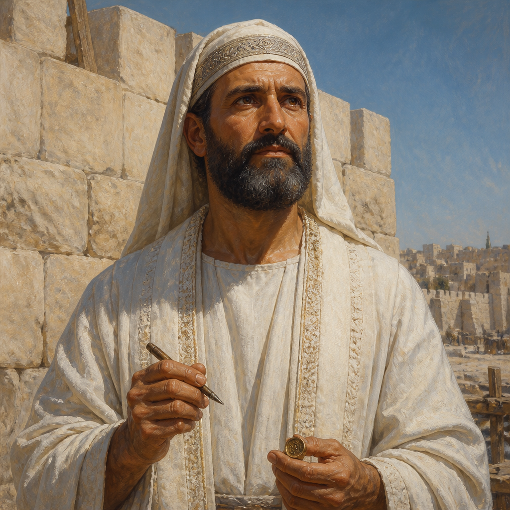 Oil-painting style portrait of Meshullam, Priest of the Return, Priest who signed the covenant with Nehemiah and dedicated the Jerusalem walls
