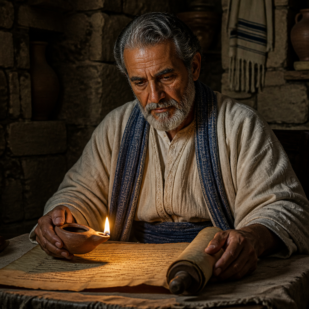 Oil-painting style portrait of Mica, Son of Zichri, Levite ancestor of Mattaniah who helped re-establish temple worship after the Babylonian Exile