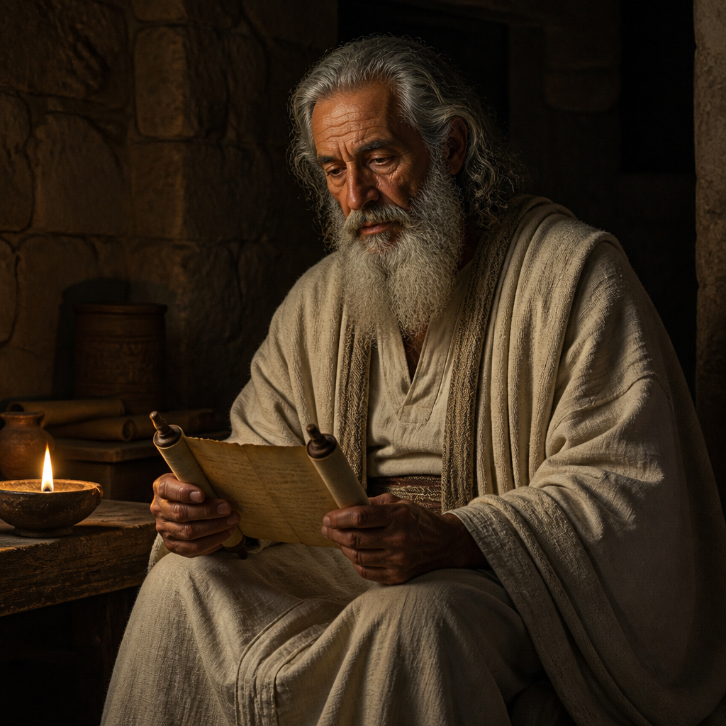 Oil-painting style portrait of Mica, Ancestor of Uzzi, ancestor of Uzzi and descendant of Asaph whose lineage served as singers in the restored Jerusalem temple
