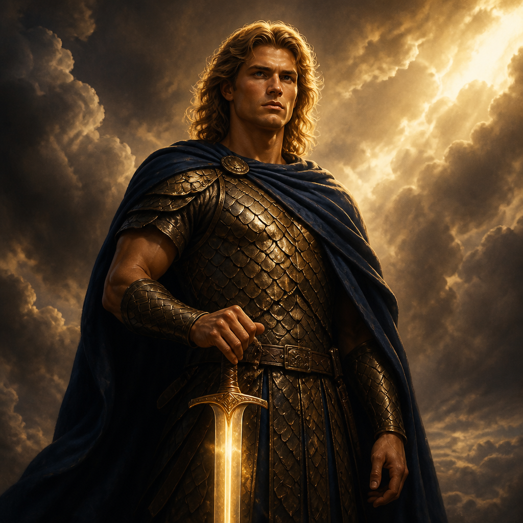 Oil-painting style portrait of Michael, the Chief Prince, Archangel who leads the heavenly host and protects the people of Israel