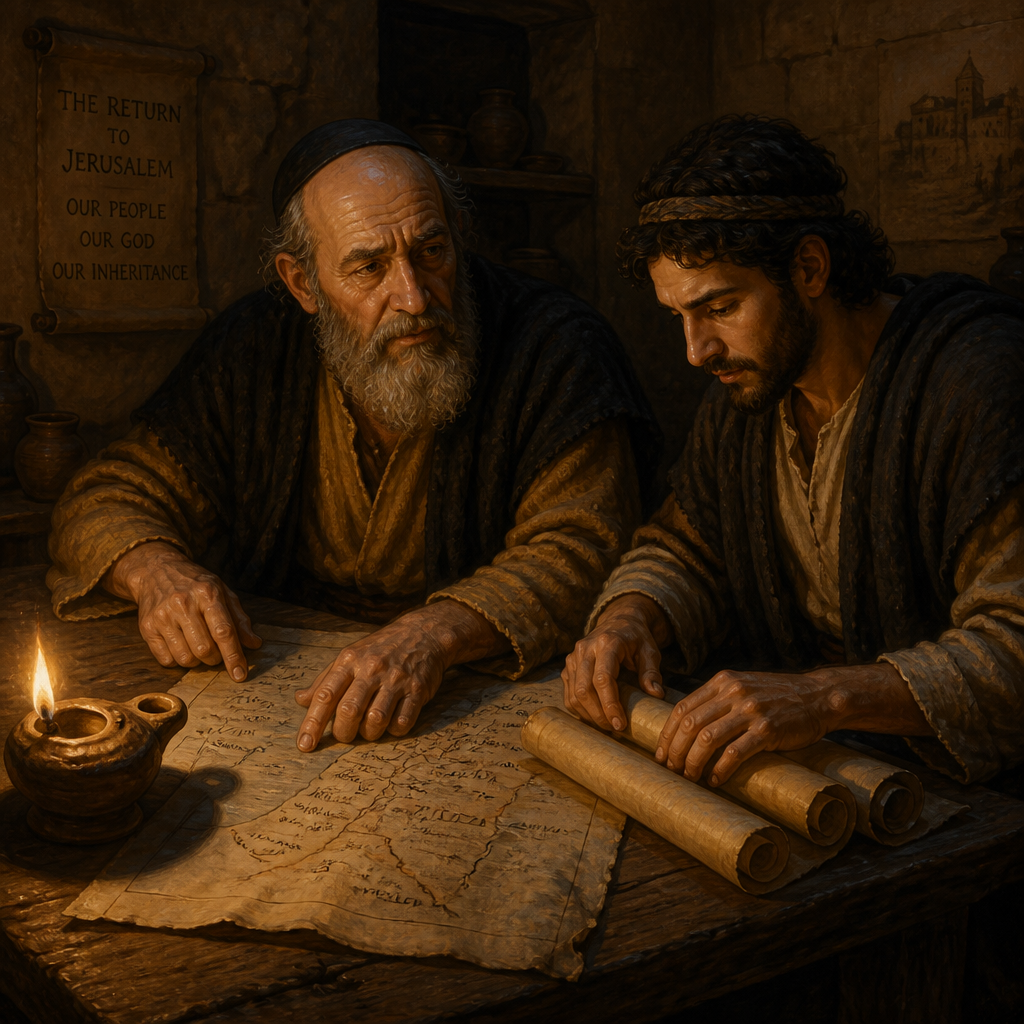 Oil-painting style scene of Michael, Father of Zebadiah, figures from the Bible