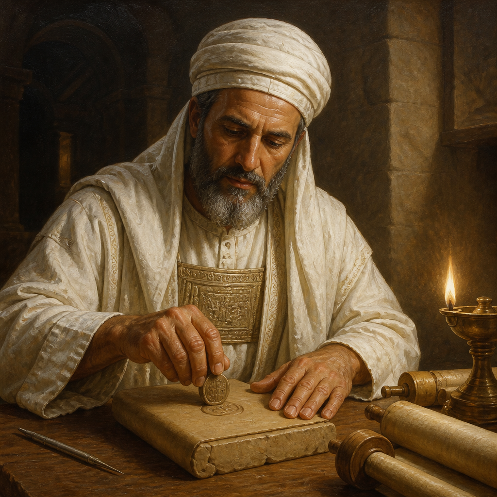 Oil-painting style portrait of Mijamin, Priest of the Post-Exilic Return, Priest who signed Nehemiah's covenant to keep the Law of Moses