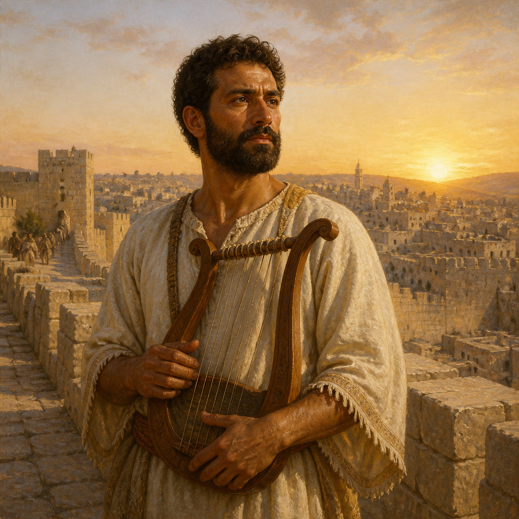 Oil-painting style portrait of Milalai, Levite musician who participated in the dedication of Jerusalem's wall