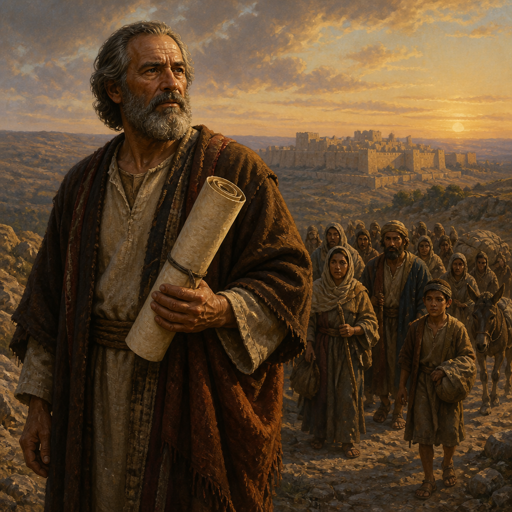 Oil-painting style scene of Mordecai, Leader of the Return, figures from the Bible