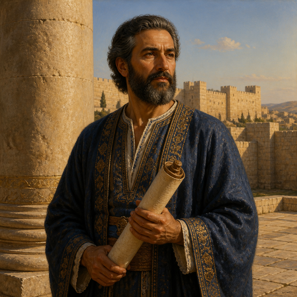 Oil-painting style portrait of Nehemiah, Governor of Judah, Governor who led the rebuilding of Jerusalem's walls and restored the community's adherence to the Law