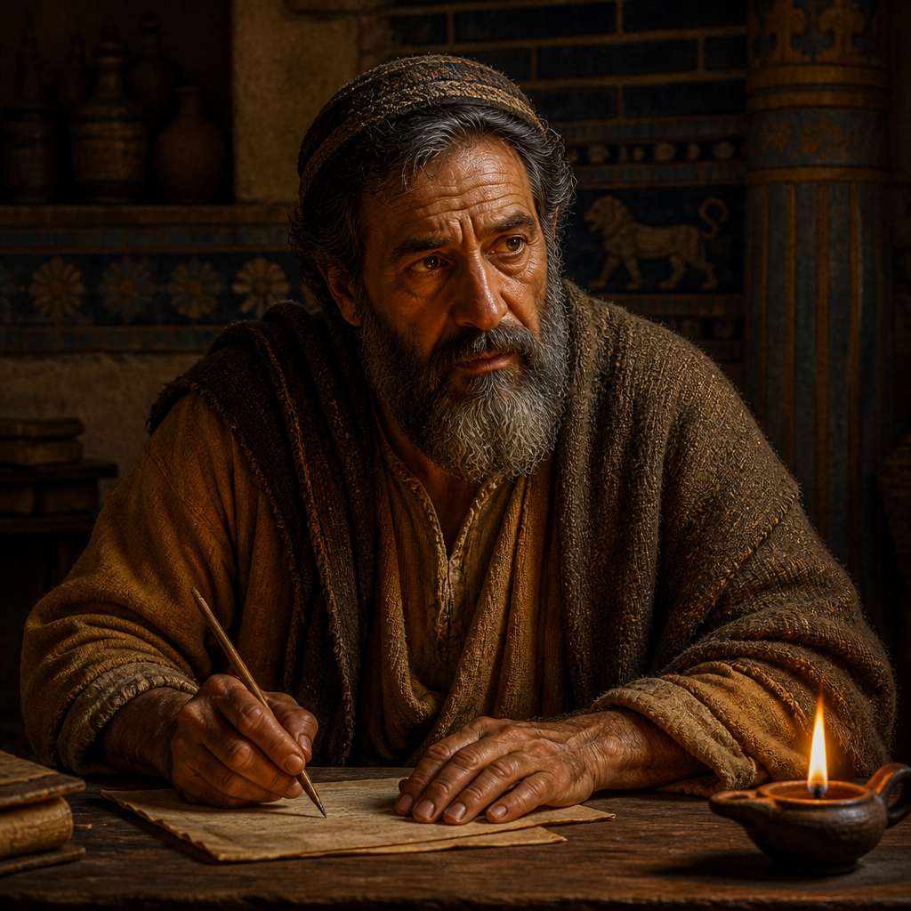 Oil-painting style portrait of Nekoda, Progenitor of Returnees, Patriarch whose descendants returned from Babylon but lacked genealogical records