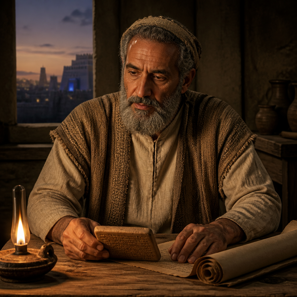 Oil-painting style portrait of Neziah, Patriarch of a family of temple servants who returned from the Babylonian Exile