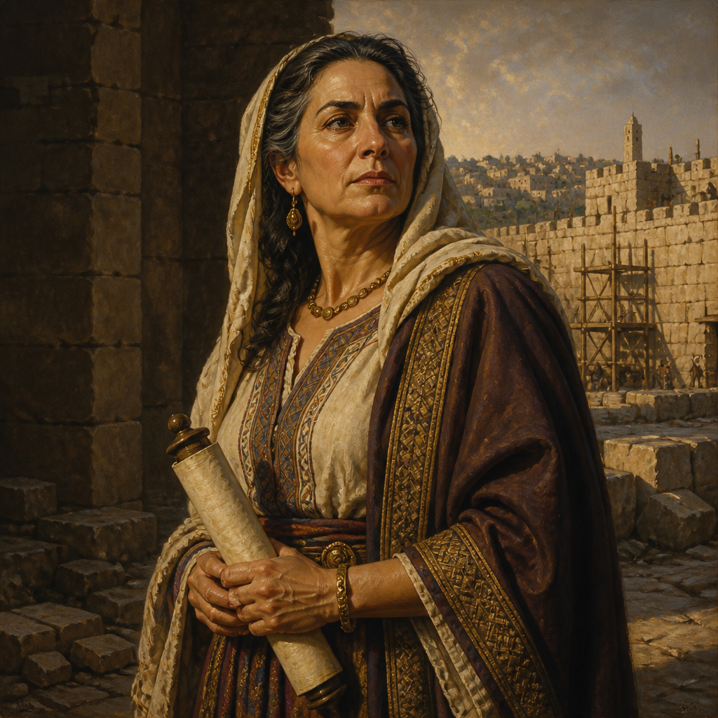 Oil-painting style portrait of Noadiah the Prophetess, Prophetess who opposed Nehemiah’s rebuilding of the Jerusalem walls