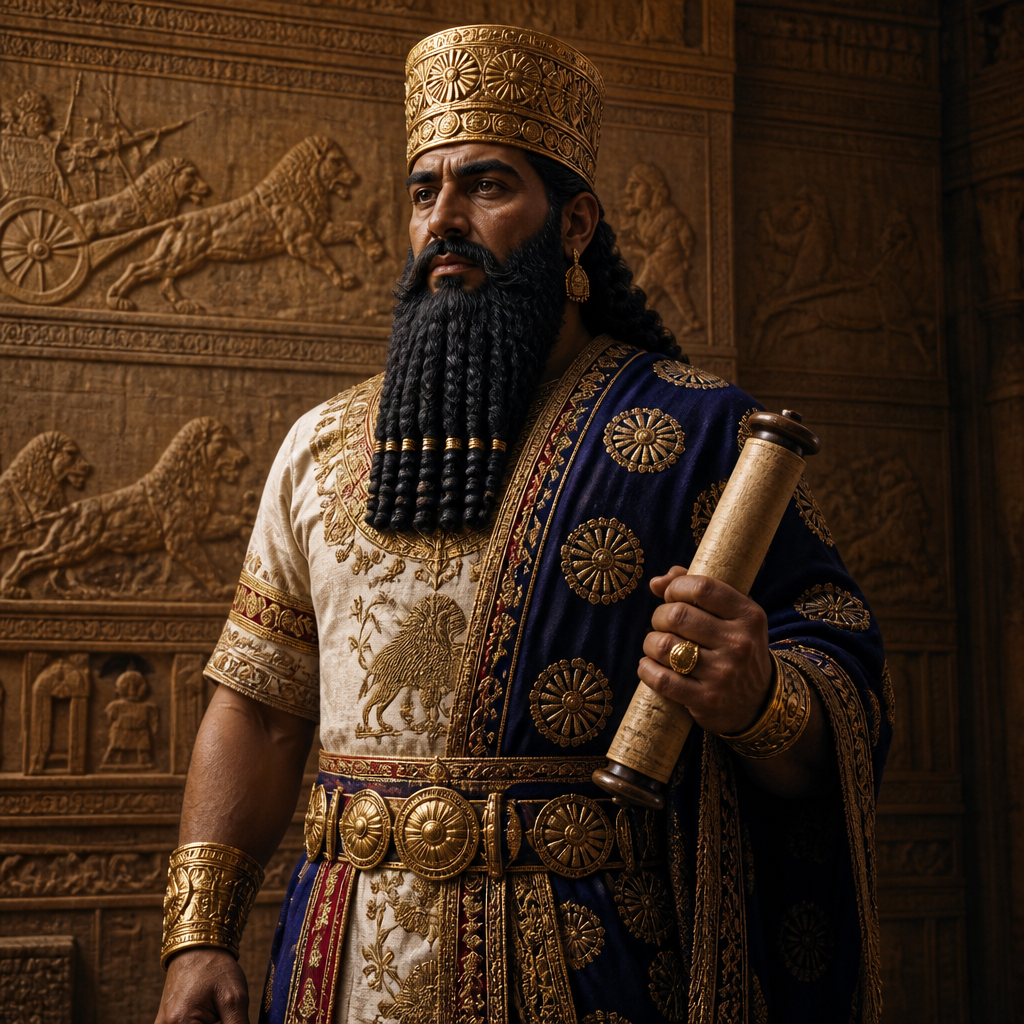 Oil-painting style portrait of Osnappar, Assyrian king who deported foreign peoples to Samaria