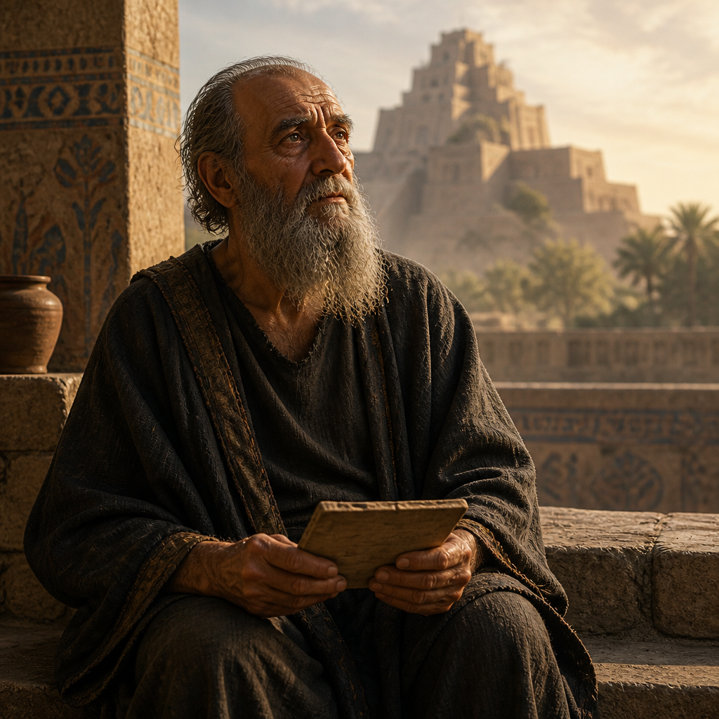Oil-painting style portrait of Padon, Patriarch of a family of temple servants who returned from the Babylonian Exile