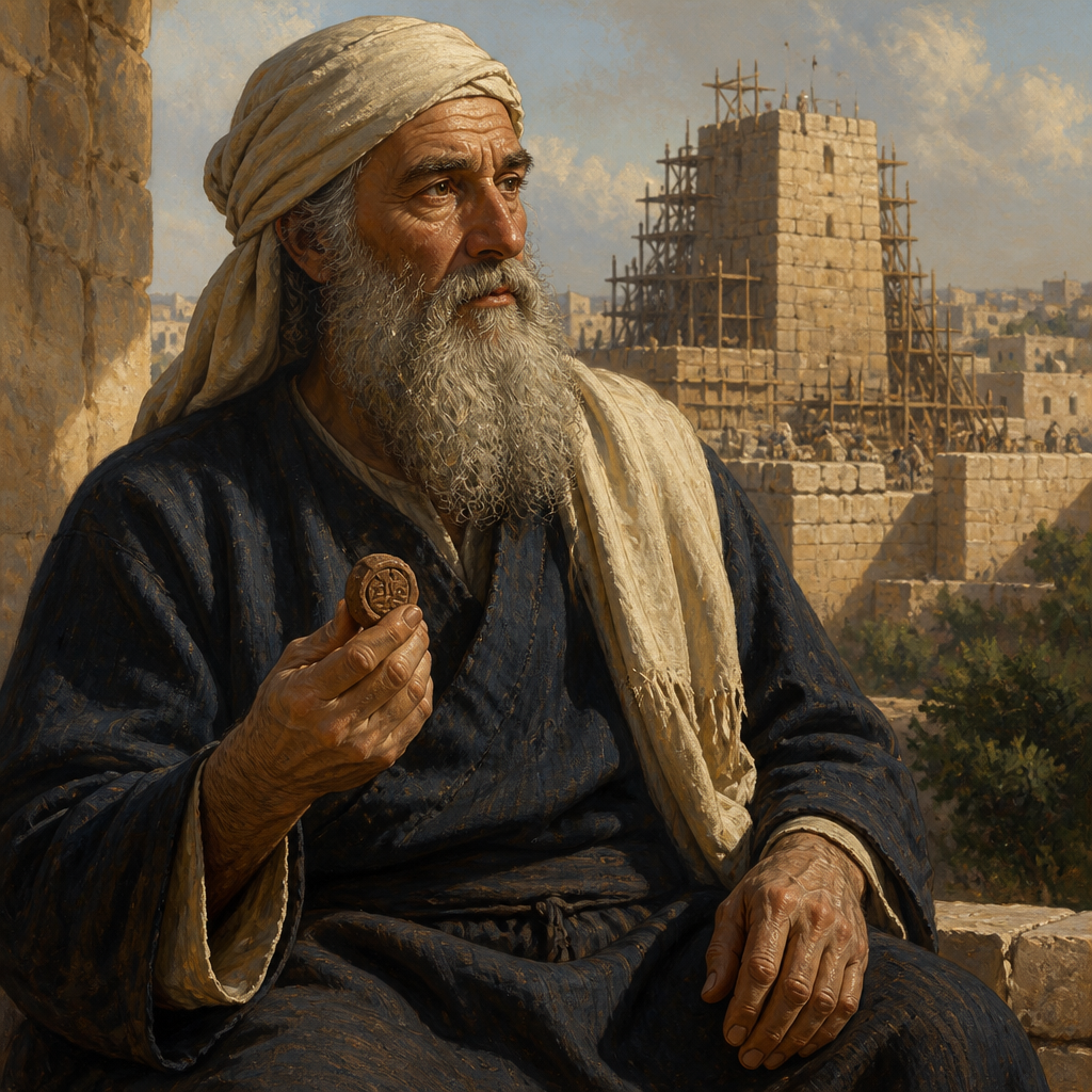 Oil-painting style portrait of Pahath-moab, Parent of Hasshub, Father of Hasshub who rebuilt the Tower of the Ovens