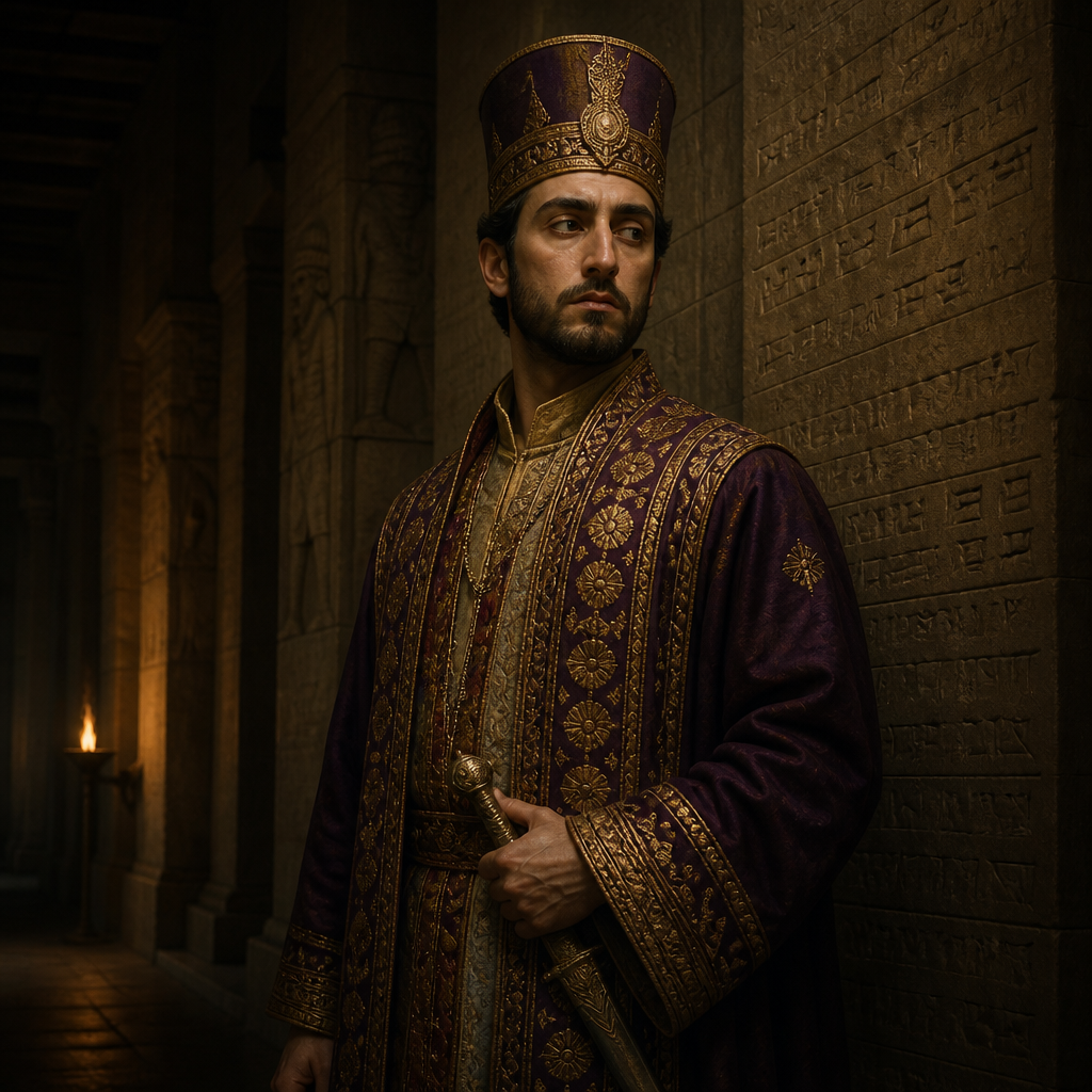Oil-painting style portrait of Parmashta, Son of Haman who was killed and hanged during the Jewish defense in Susa