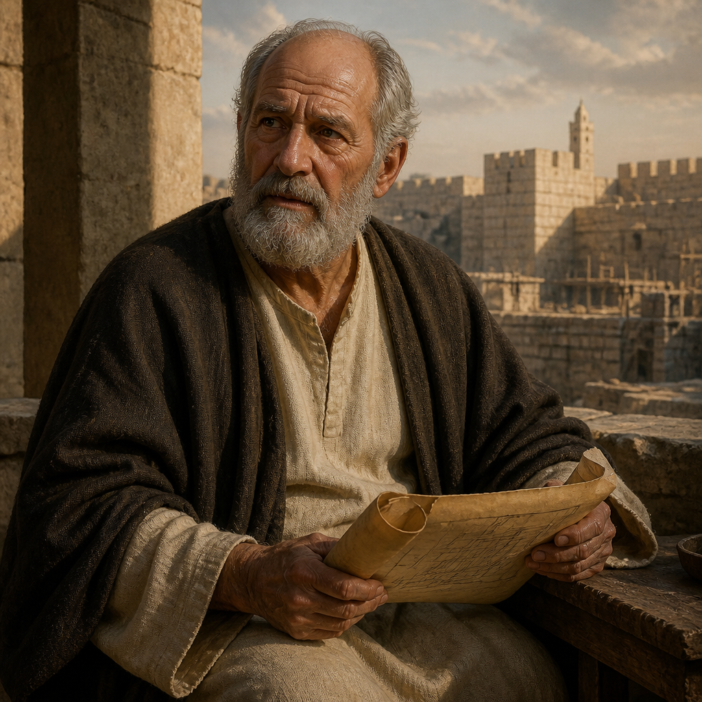 Oil-painting style portrait of Paseah, Father of Joiada, father of Joiada who helped rebuild the Jeshanah Gate under Nehemiah