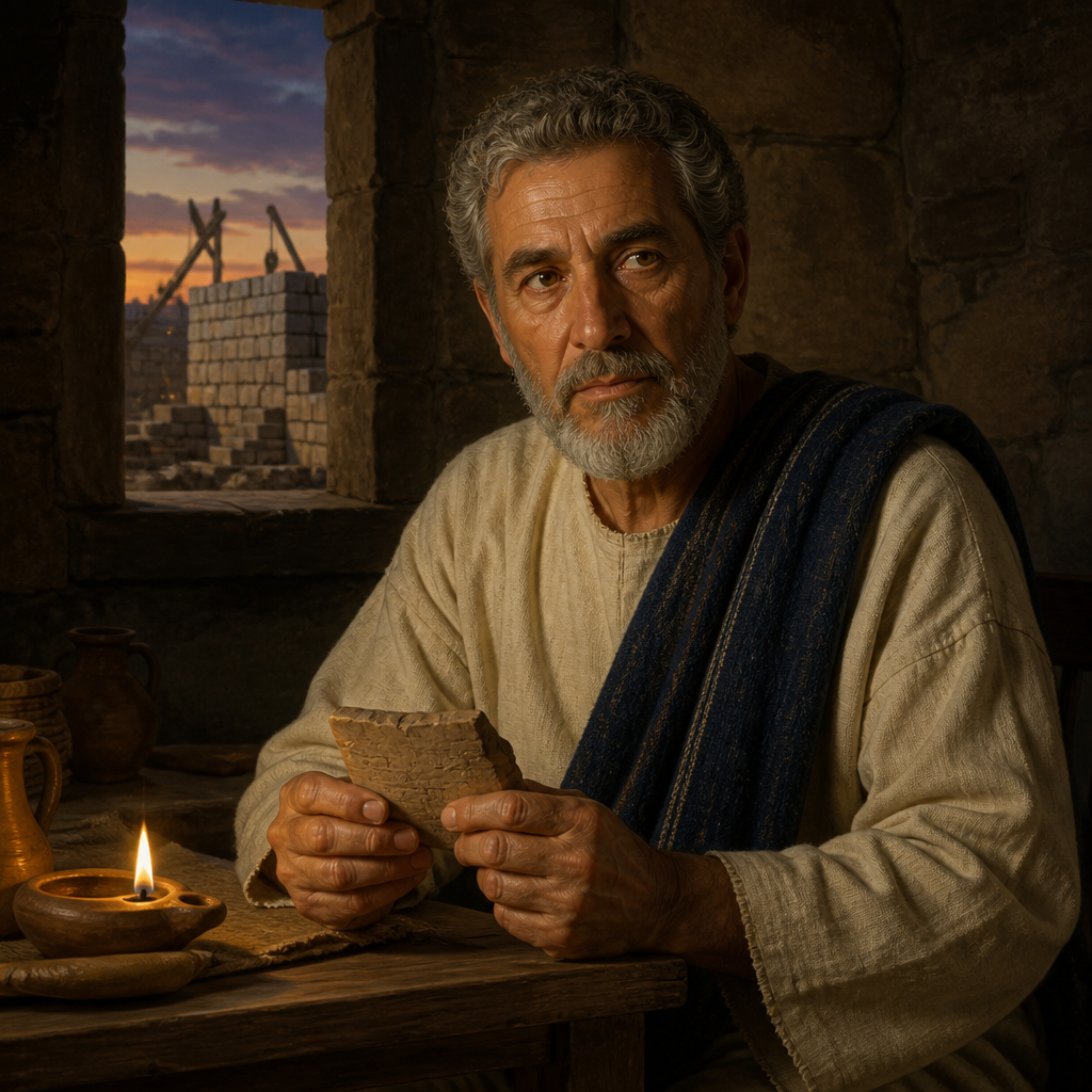 Oil-painting style portrait of Pedaiah, Ancestor of Sallu, Benjamite ancestor whose descendants resettled Jerusalem after the exile