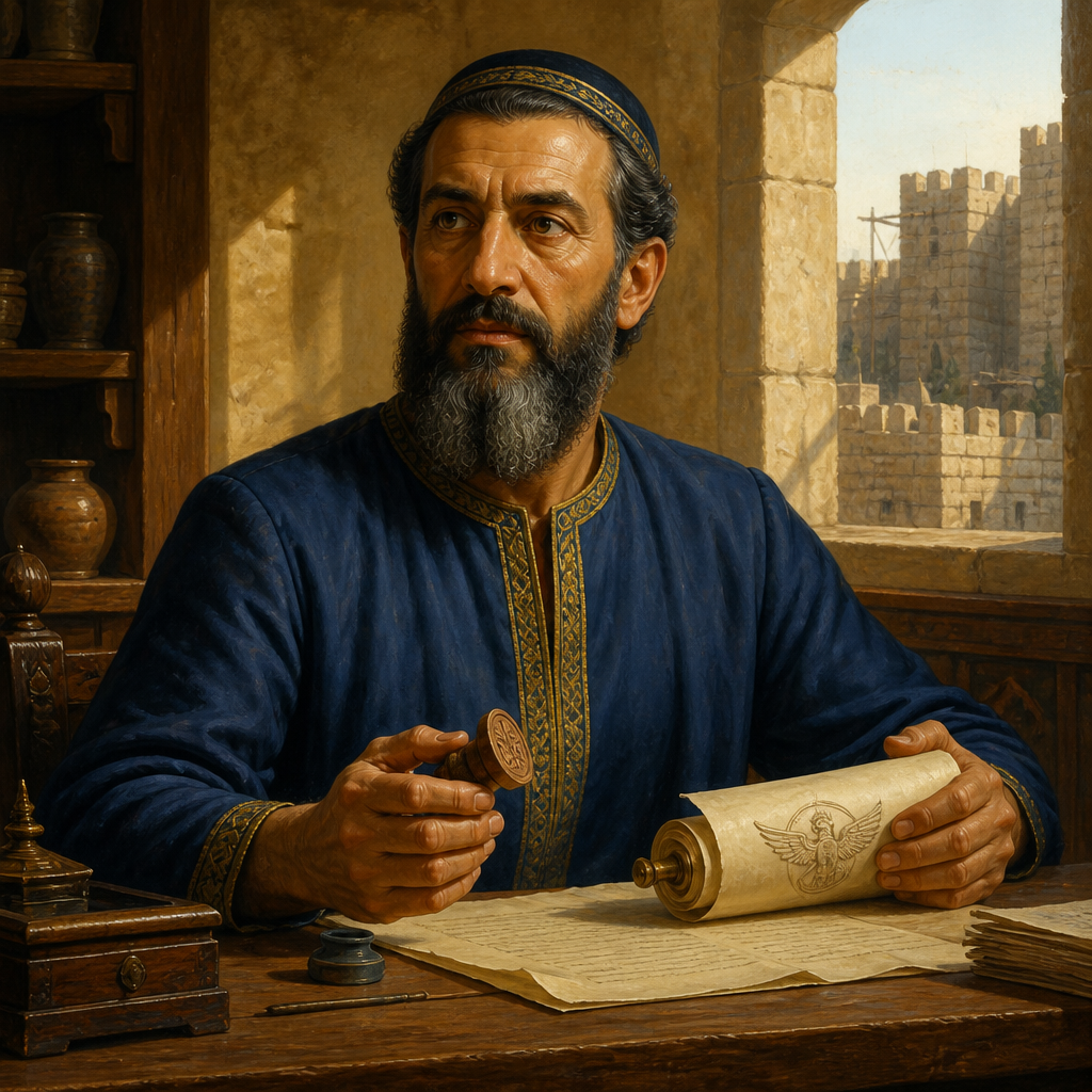 Oil-painting style portrait of Pethahiah, Agent to the King, Official representative of the Persian king to the Jewish people during the time of Nehemiah