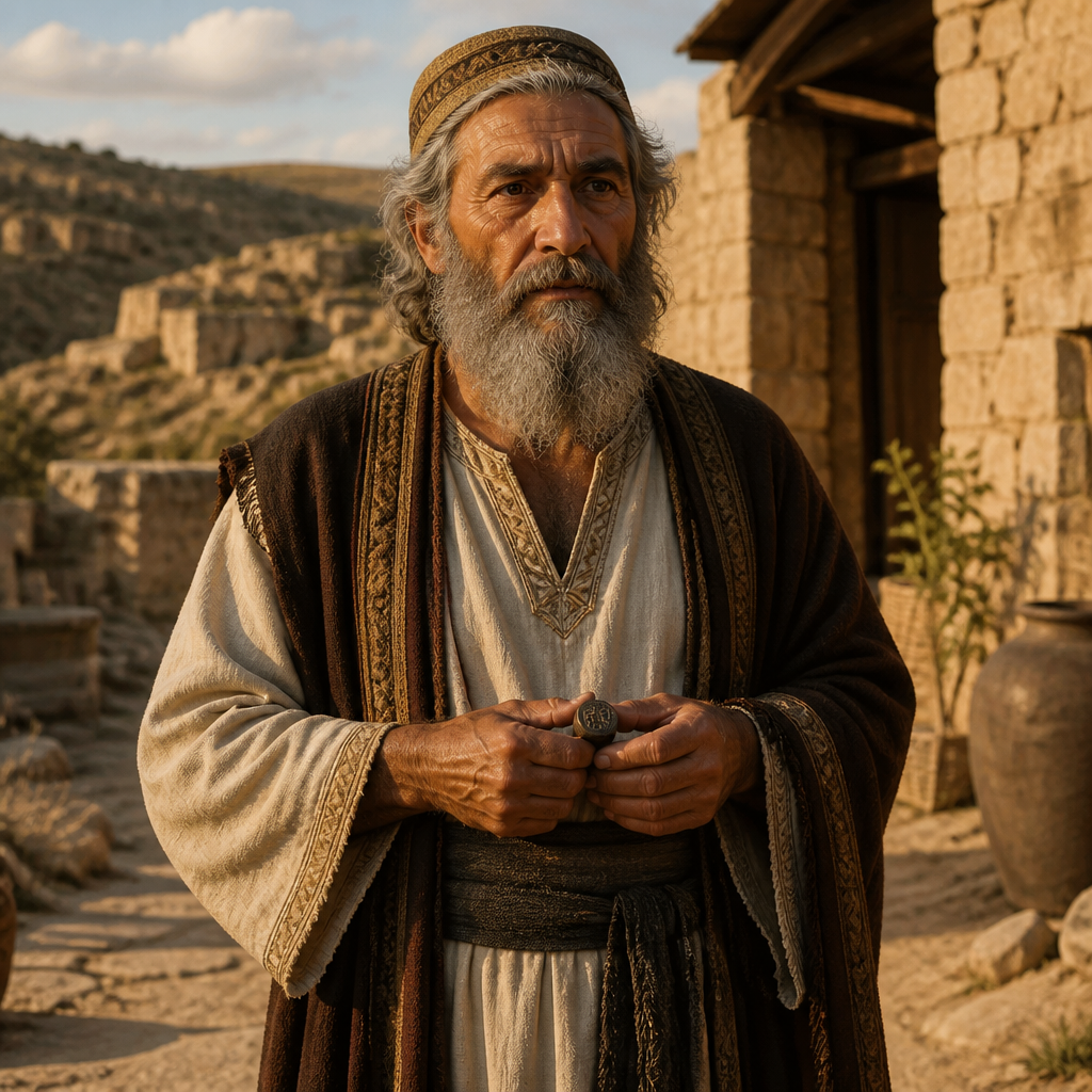 Oil-painting style portrait of Rechab, Father of Malchijah, Father of Malchijah who repaired the Dung Gate under Nehemiah