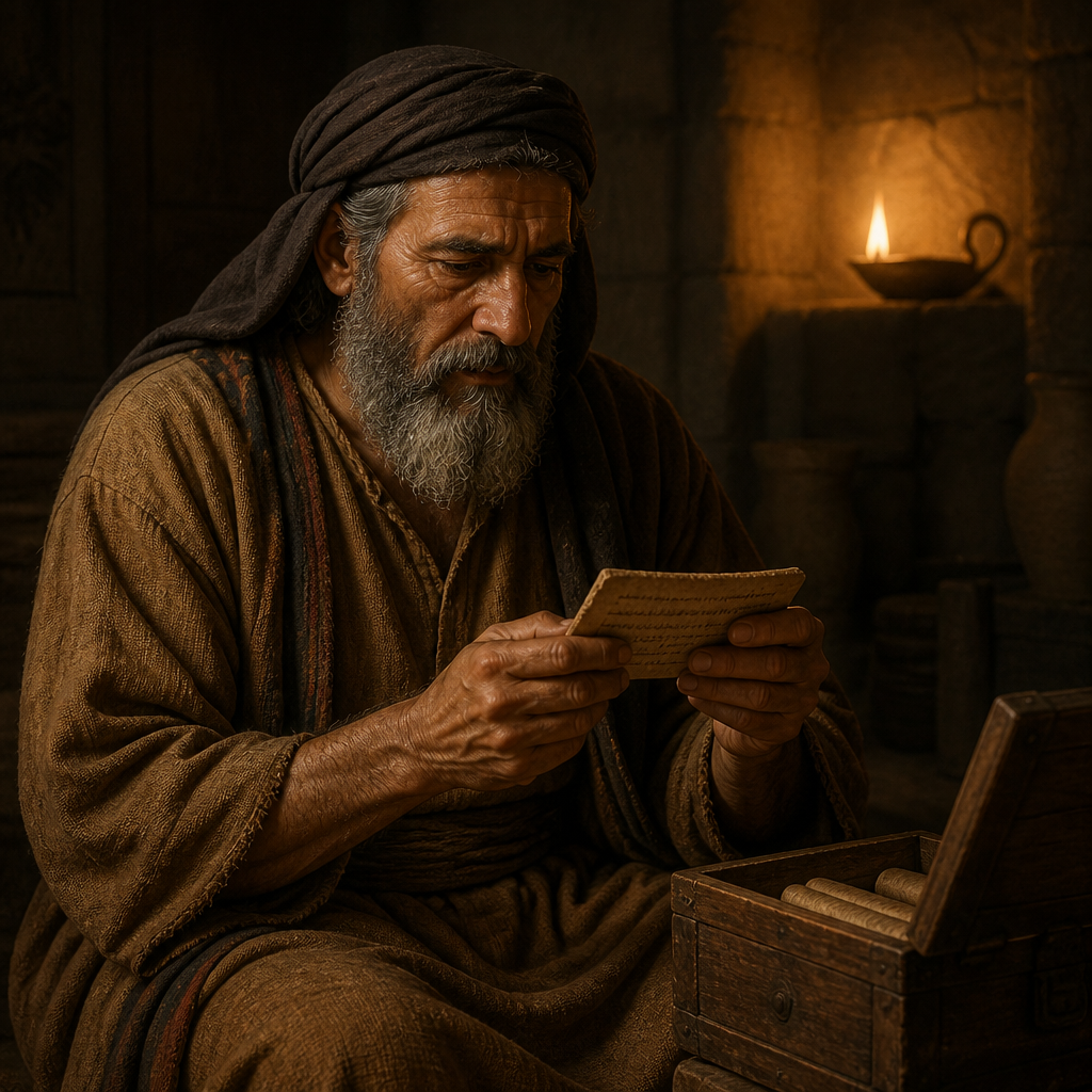 Oil-painting style portrait of Rezin, Head of a Temple Servant Family, Patriarch of a family of Temple servants who returned from the Babylonian Exile
