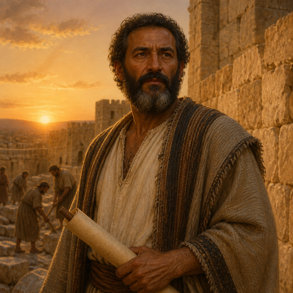 Oil-painting style portrait of Sallai, Benjamite leader who resettled in Jerusalem after the Babylonian exile