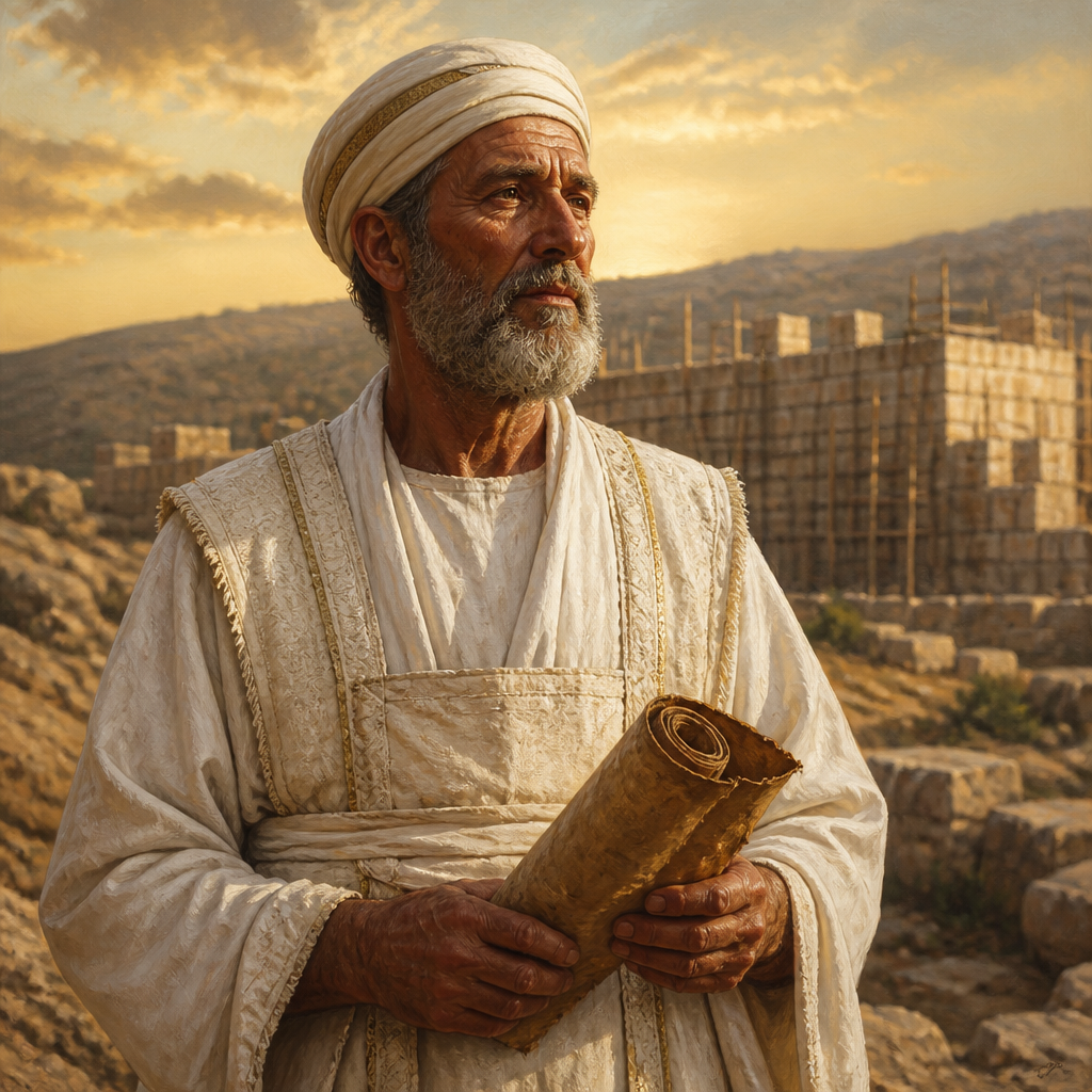 Oil-painting style portrait of Sallu, Priest of the Return, Priestly leader who returned from Babylon with Zerubbabel