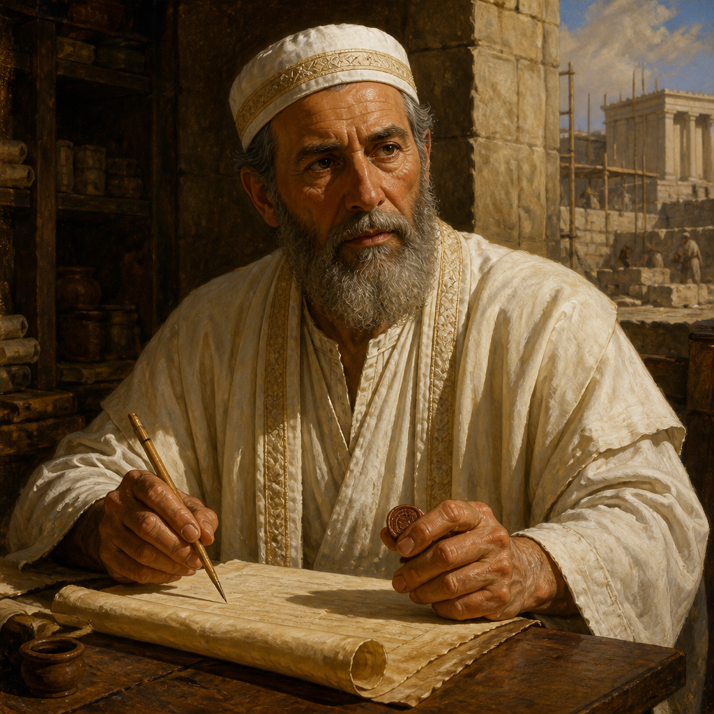 Oil-painting style portrait of Seraiah the Returnee Priest, Priest who returned from the Babylonian Exile and signed Nehemiah's covenant