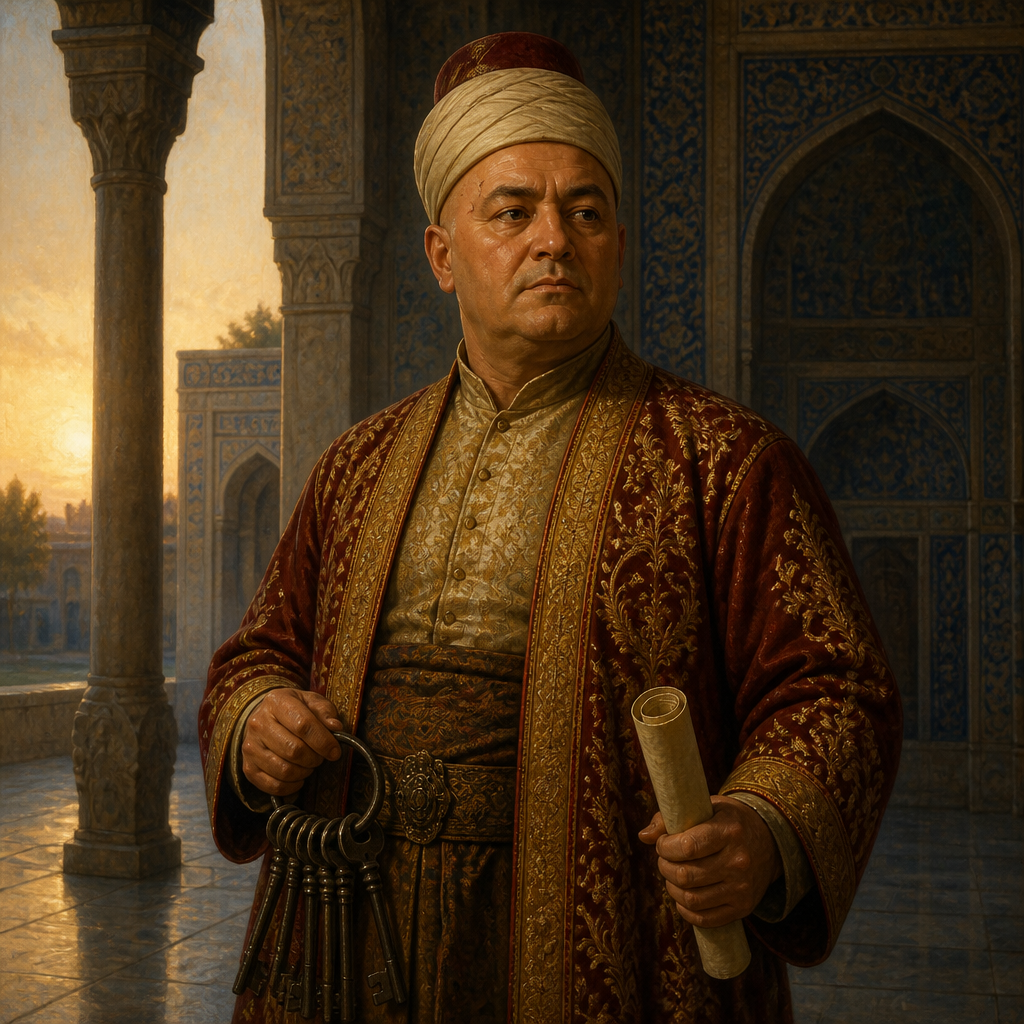 Oil-painting style portrait of Shaashgaz, Persian eunuch who had charge over the second harem in the Book of Esther