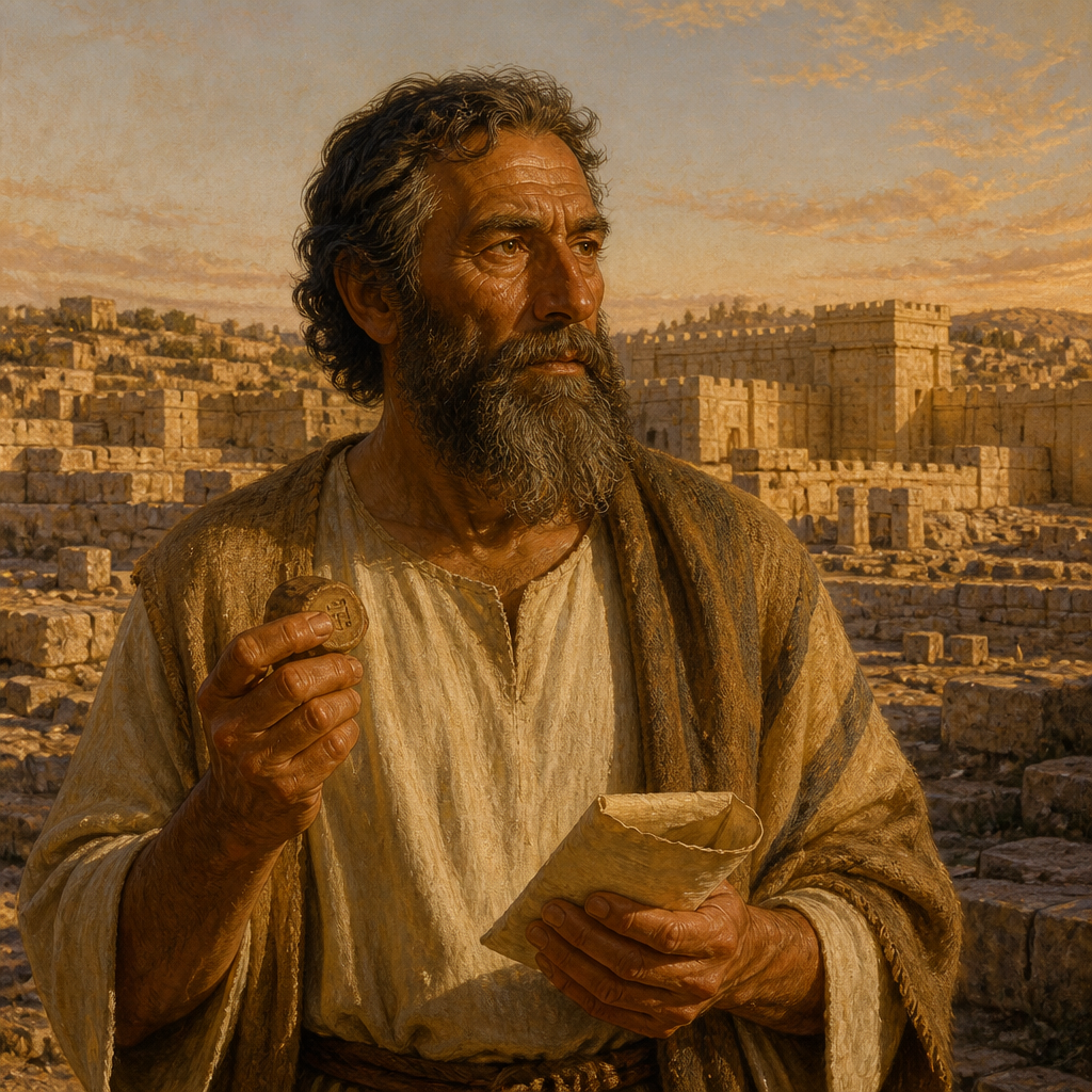 Oil-painting style portrait of Shalmai, Patriarch of a Nethinim family who returned to Jerusalem from the Babylonian exile