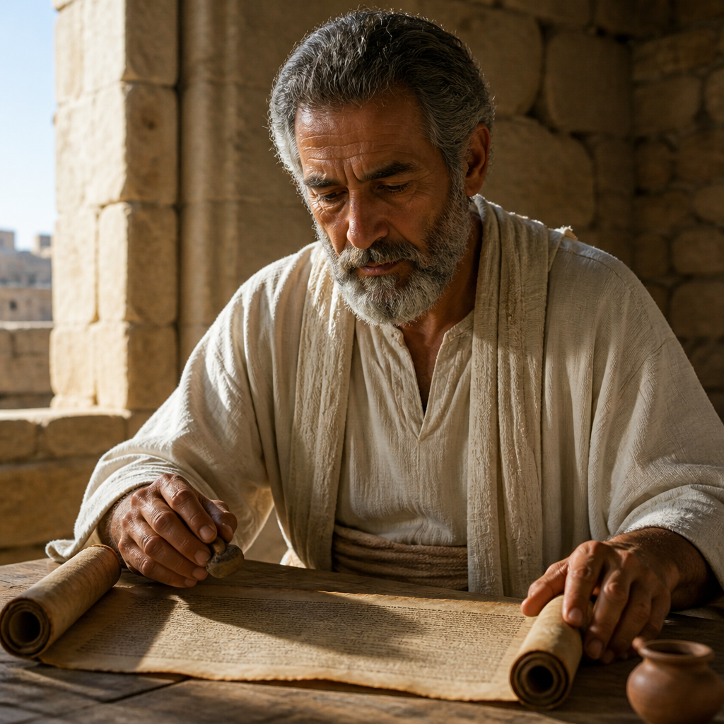Oil-painting style portrait of Shebaniah, Priest of the Post-Exilic Return, Priest who sealed the covenant with Nehemiah