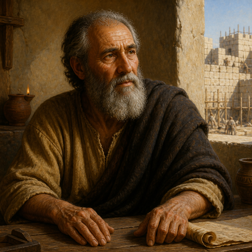 Oil-painting style portrait of Shelemiah, Father of Hananiah, father of Hananiah, who repaired the wall of Jerusalem under Nehemiah