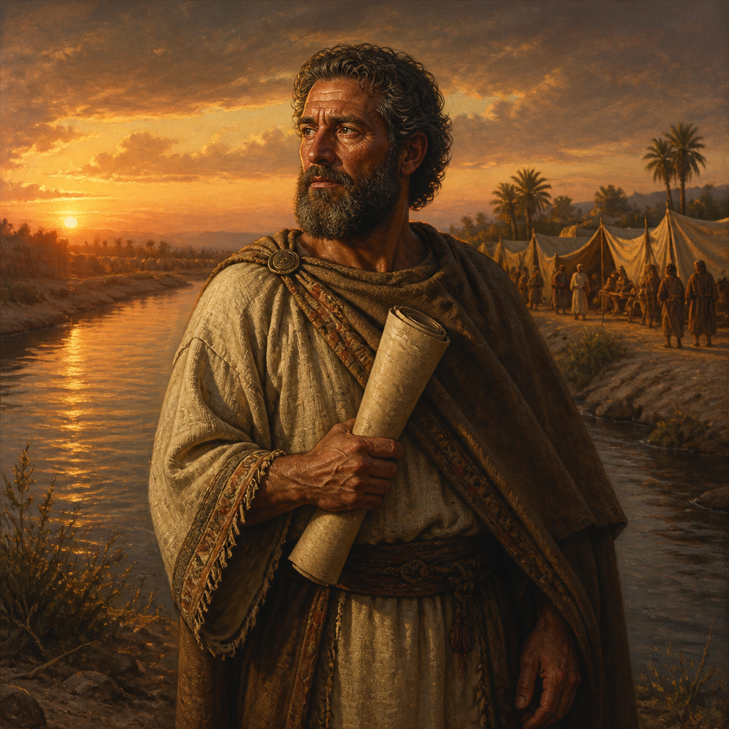Oil-painting style portrait of Shelomith, Son of Josiphiah, Leader of 160 men who returned from the Babylonian Exile with Ezra