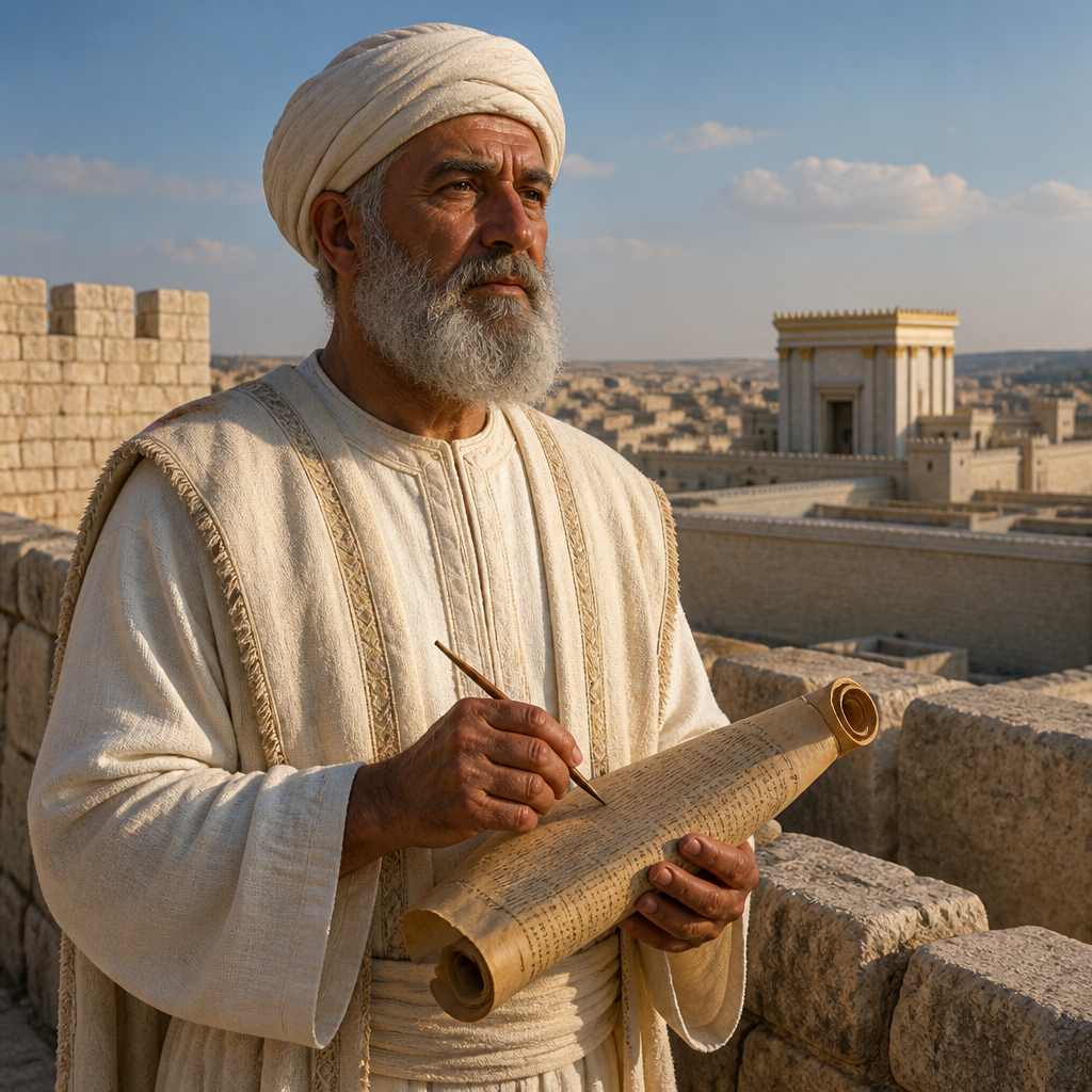 Oil-painting style portrait of Shemaiah, Priest of the Return, Priest who signed the covenant under Nehemiah and participated in the dedication of Jerusalem's wall