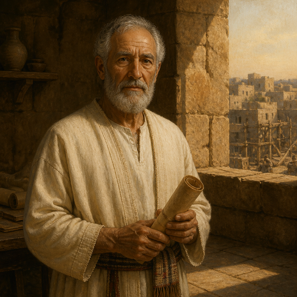 Oil-painting style portrait of Shemaiah, Father of Jonathan the Priest, Levite ancestor of the trumpet-playing priests who served during the dedication of Jerusalem's wall