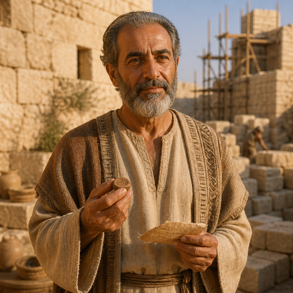 Oil-painting style portrait of Shephatiah, child of Reuel, Benjamite patriarch whose son Meshullam was among the first to resettle Jerusalem after the exile