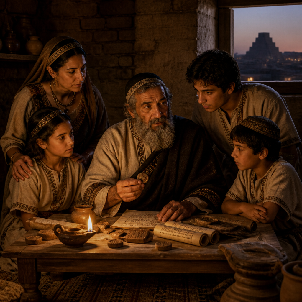 Oil-painting style scene of Shephatiah, Ancestor of a Returning Clan, figures from the Bible