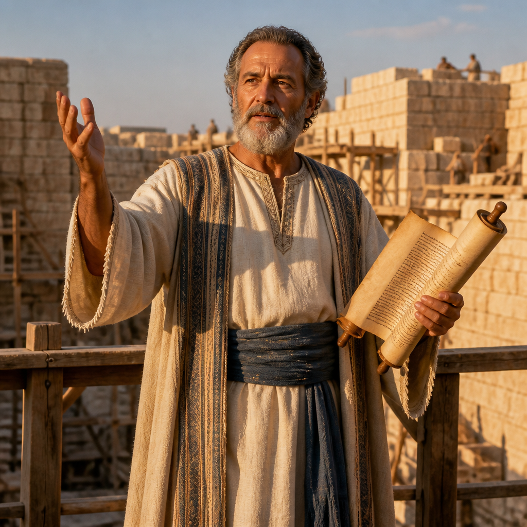 Oil-painting style portrait of Sherebiah, Levite of the Return from Babylon, Levite leader called a 'man of insight' who assisted Ezra and Nehemiah in the post-exilic restoration