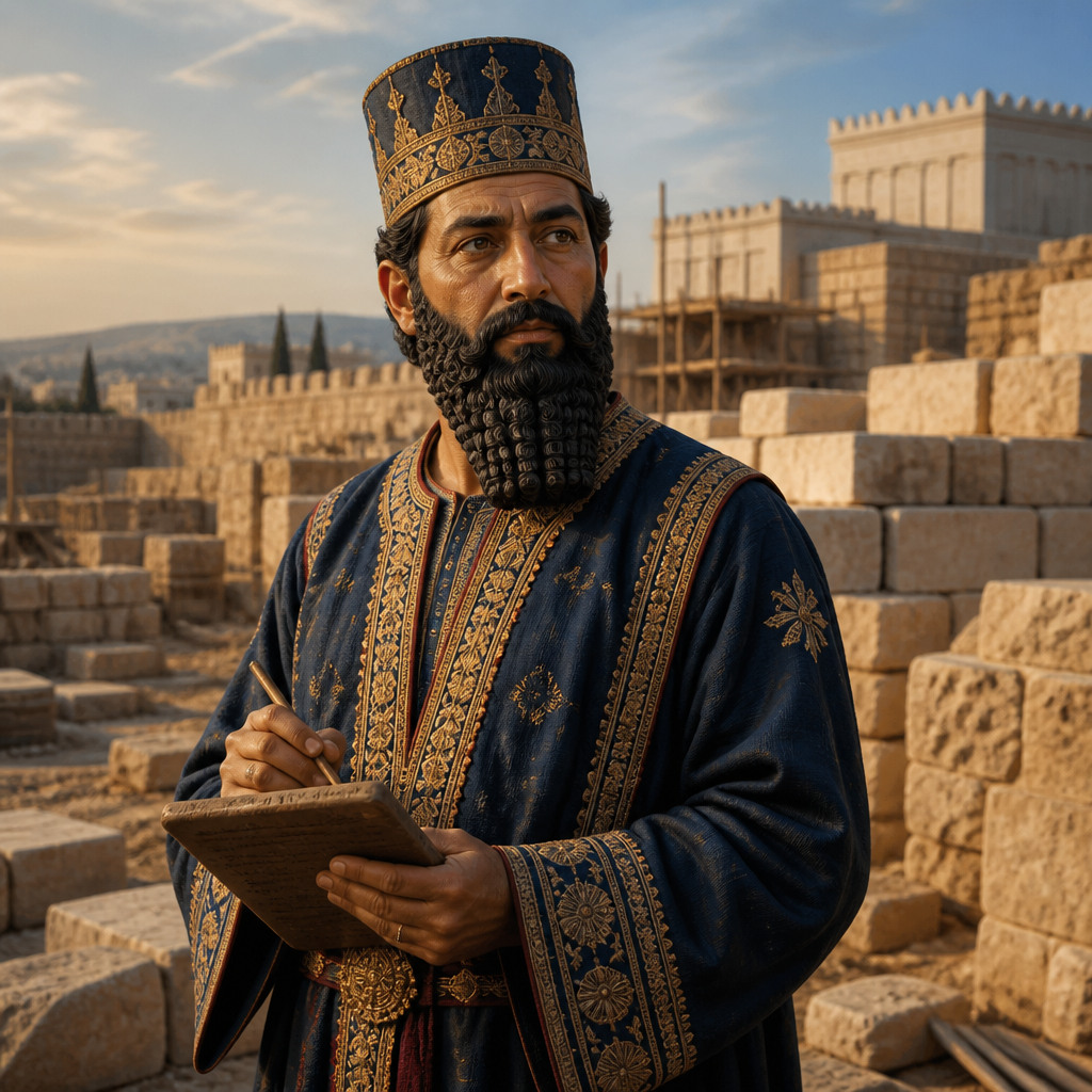 Oil-painting style portrait of Shethar-bozenai, Persian official who questioned the rebuilding of the Temple in Jerusalem