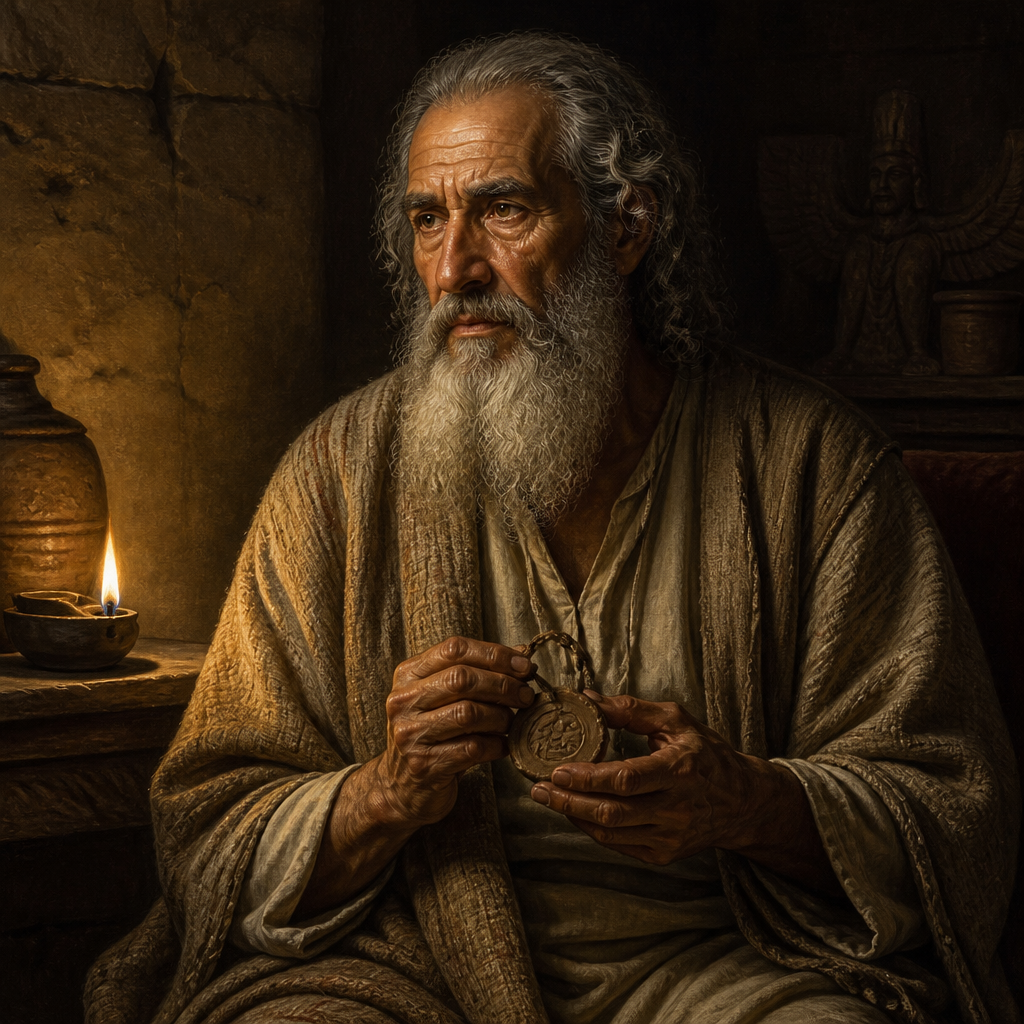 Oil-painting style portrait of Shimei, Great-grandfather of Mordecai, Grandfather of Mordecai and son of Kish mentioned in the Book of Esther