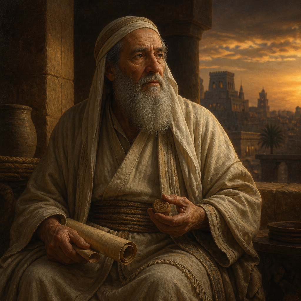 Oil-painting style portrait of Shobai, Patriarch of a gatekeeper family listed in the return from the Babylonian Exile