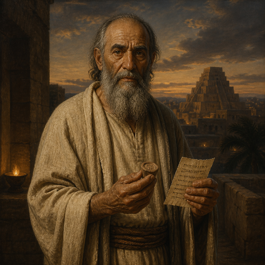Oil-painting style portrait of Siaha, Patriarch of a family of Nethinim who returned from the Babylonian Exile