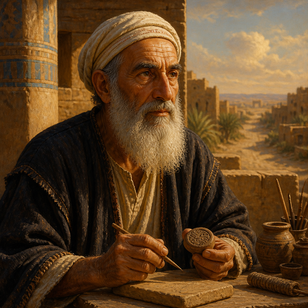 Oil-painting style portrait of Sophereth, Ancestral head of a family of 'Solomon’s servants' who returned from the Babylonian Exile