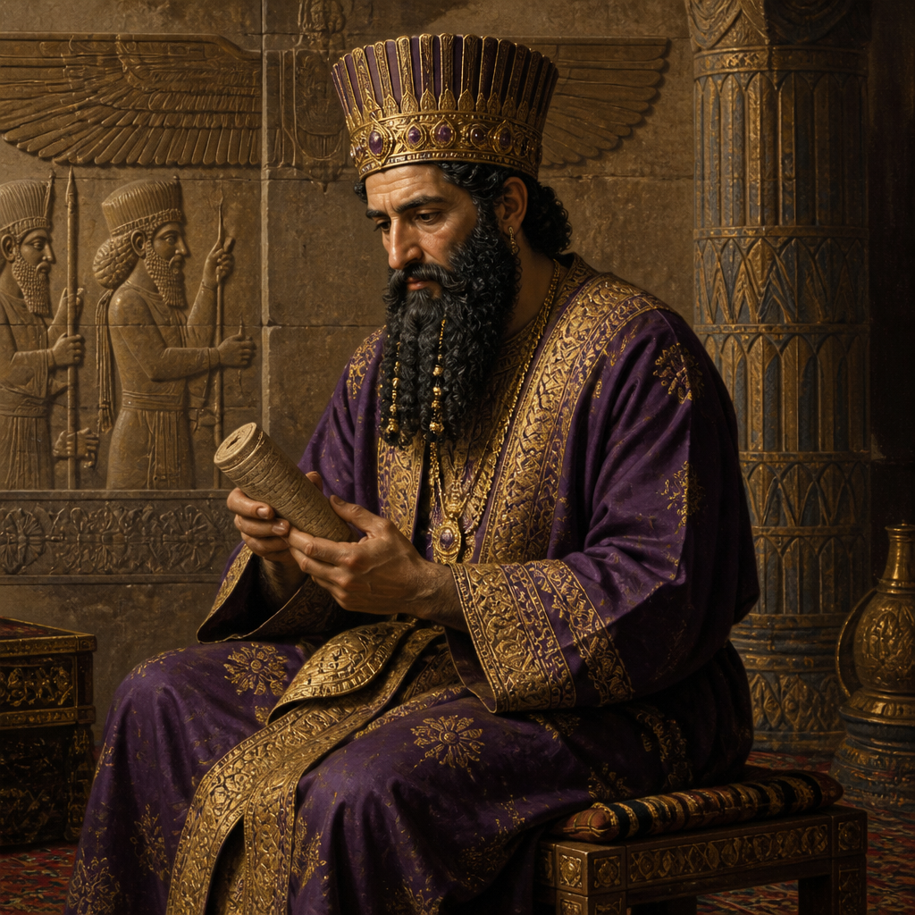 Oil-painting style portrait of Tarshish, Prince of Persia, Prince of Persia who served as one of the seven high advisors to King Ahasuerus