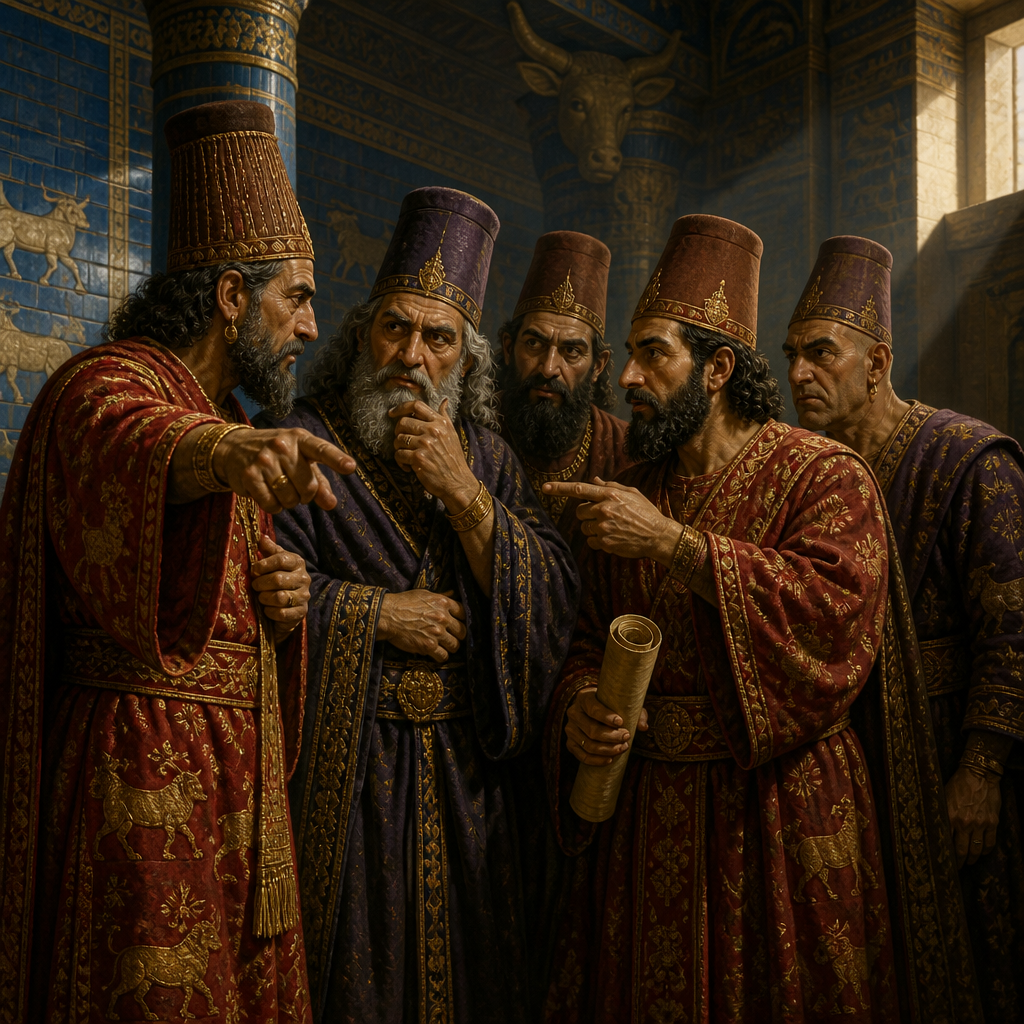 Oil-painting style scene of The Satraps Who Accused Daniel, figures from the Bible