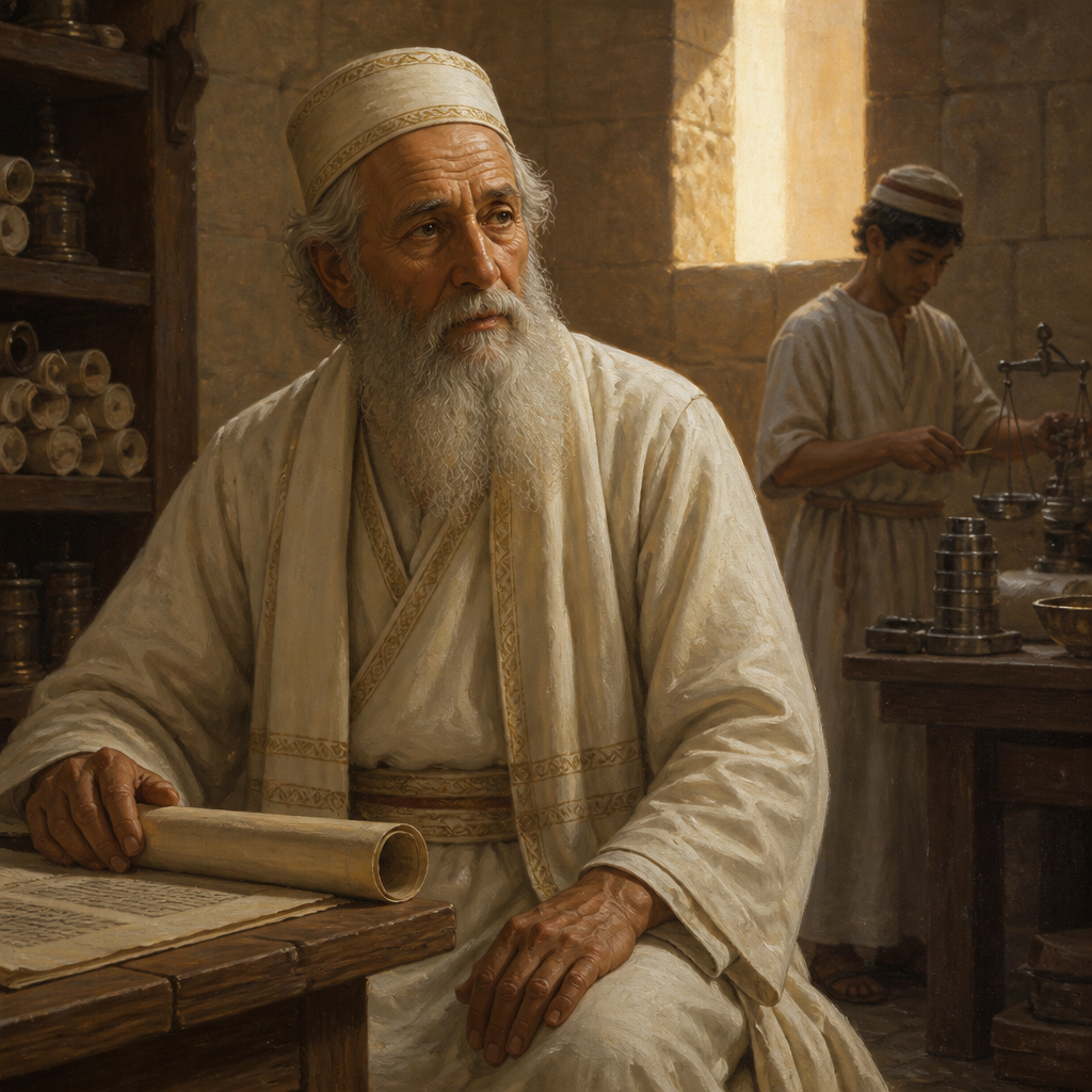 Oil-painting style portrait of Uriah, Father of Meremoth, Priestly father of Meremoth who helped rebuild the walls of Jerusalem and manage Temple treasures